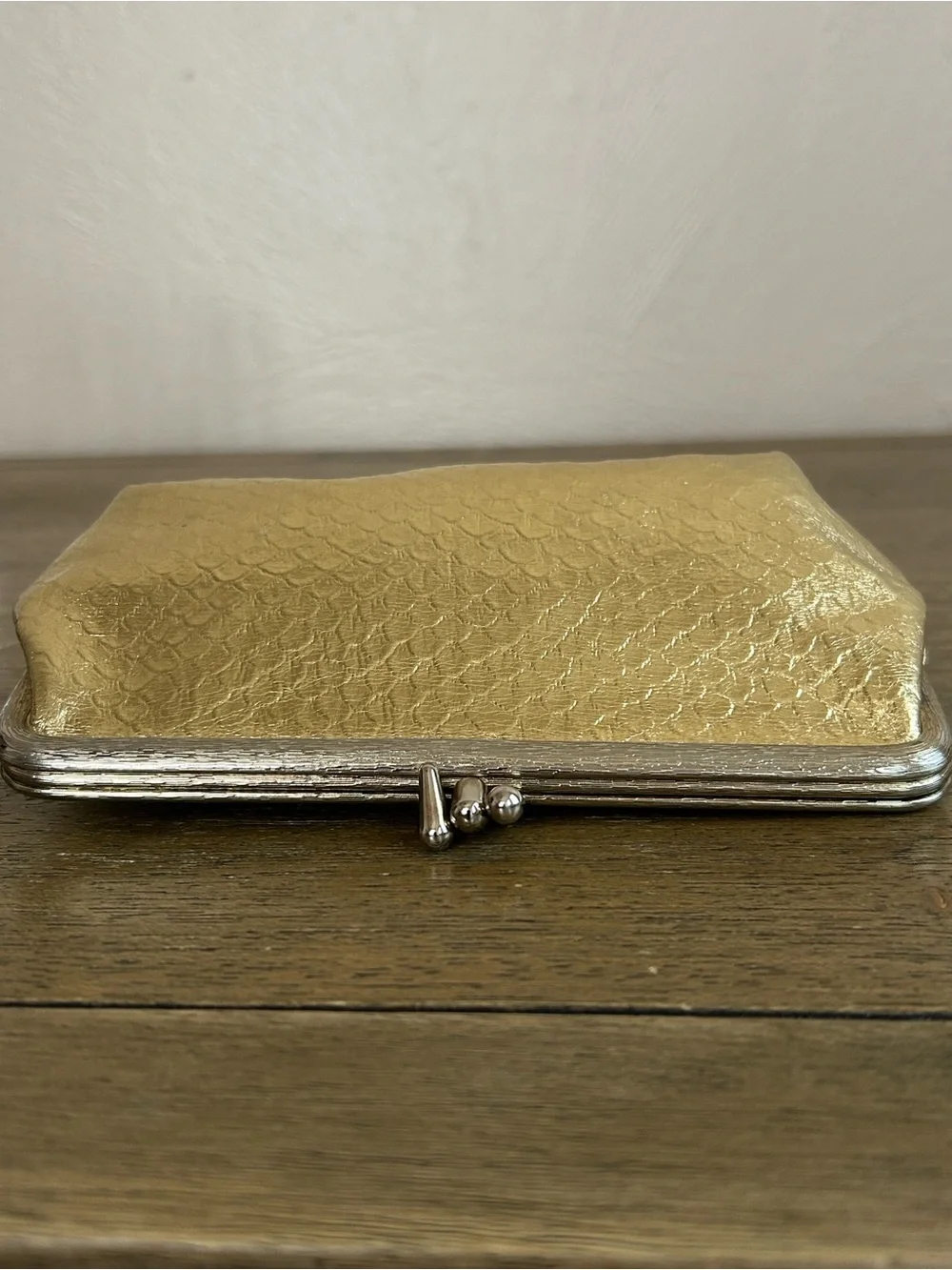 Vintage MCM Celebrity New York Gold Metallic  Clutch Bag. Pink Lined Made in USA